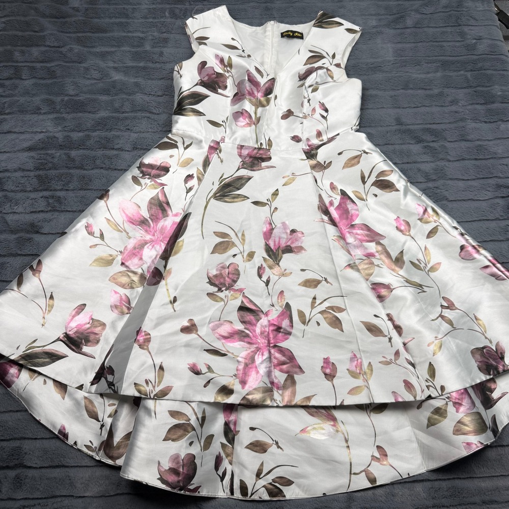 Shelby Nites Womens Floral High Low Fit and Flare Dress White Pink Gold Size 6